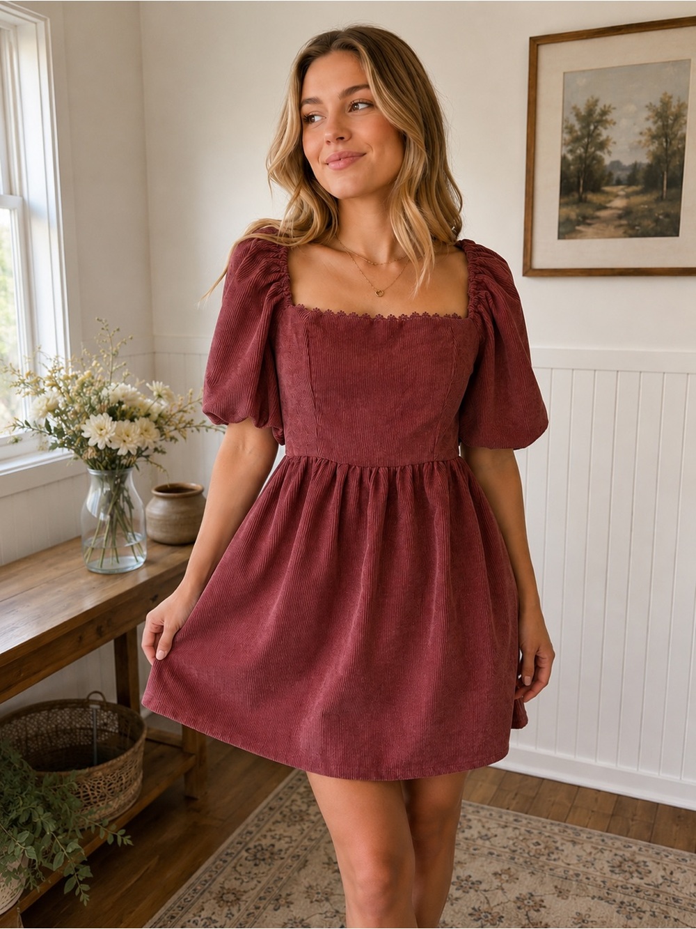 Square Neck Puff Sleeve Mini Dress in Wine